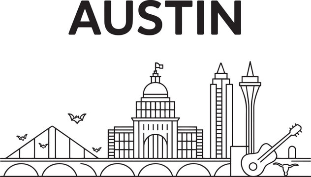 Austin Skyline with Texas Capitol Building and Modern Architecture in Line Art