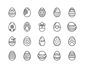 Easter egg line art icons set. minimalist collection of festive eggs with diverse patterns, perfect for spring holiday celebration, web, print, and digital design projects. Vector, illustration