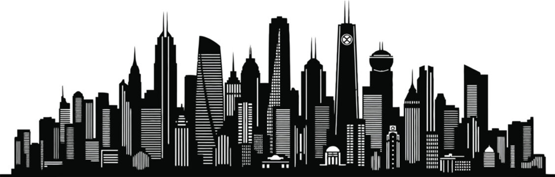 Minimalistic vector city skyline with modern skyscrapers, sharp edges, and simple black-and-white contrast, suitable for business, urban, and corporate backgrounds.