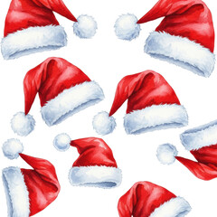 Hand-painted watercolor illustration of red santa hats with white fur trim and pom-poms isolated on a white background. Cheerful christmas holiday concept