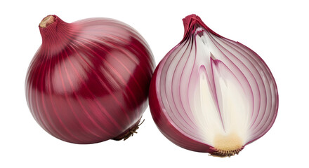 Vibrant red onions whole and halved on a black background