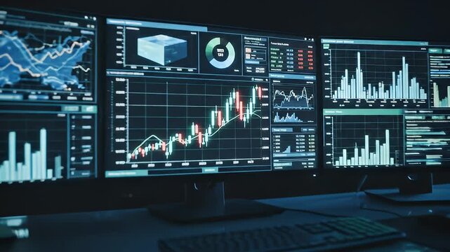 A modern workspace featuring multiple computer monitors displaying financial charts and data analysis in a dimly lit office environment