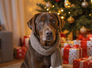 Chocolate Labrador Wearing Scarf Sitting by Christmas Tree and Gifts