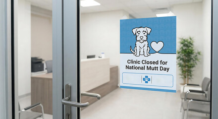 Dog clinic closed sign on glass door with reception area, veterinary clinic, closed sign, dog, heart, national mutt day, reception, waiting room, glass door, office, interior, animal hospital, pet car