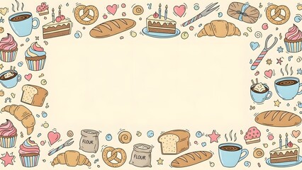 Sweet Bakery & Coffee Hand-Drawn Doodle Frame Background perfect for menu design, invitation, website banner, social media post, food blog header, recipe card,