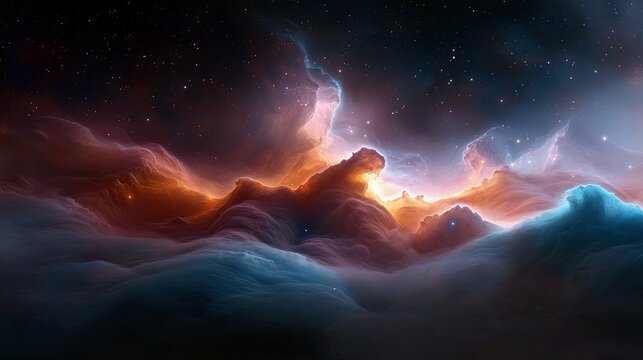 A vast expanse of deep space filled with colorful, glowing nebulae and distant stars. The scene features swirling clouds of gas and dust in vibrant shades of or