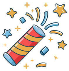 Colorful cartoon party popper exploding with festive confetti streamers and stars icon