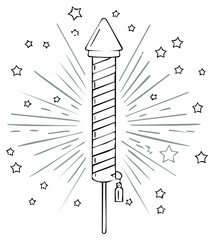 Hand drawn festive firework rocket with radiating lines and stars illustration