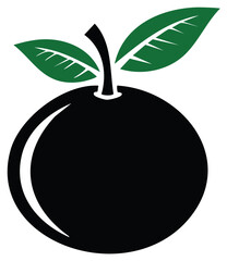 Simple black fruit vector icon with green leaves, organic food icon, modern design