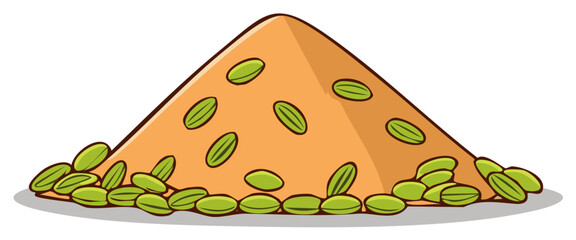 Mound of ground spice powder with whole green cardamom pods vector illustration