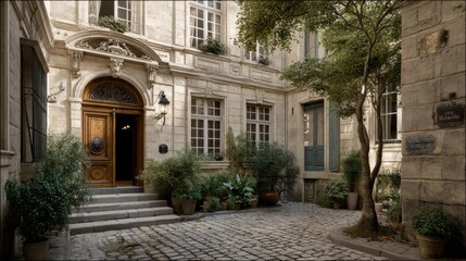 Fototapeta premium Charming Historic Courtyard with Rustic Architecture and Lush Greenery Surrounded by Cobblestone Pathway in Soft Light