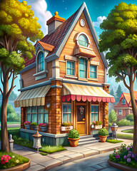 Cozy Cartoon Bakery Shop on Sunny Day