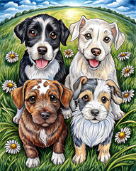 Four Happy Cartoon Puppies with Big Eyes – Sweet Puppy