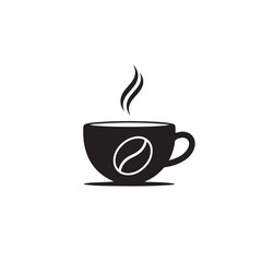 Steaming hot coffee cup icon with a prominent coffee bean design, presented in a sleek black silhouette, perfect for cafe branding, beverage menus, or morning drink promotions, isolated on white