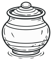 Stylized black and white line art drawing of a lidded storage pot with a round body and decorative horizontal lines