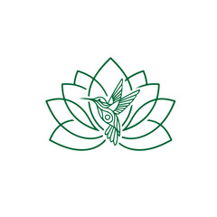 Elegant green line art illustration of a hummingbird in graceful flight before a blooming lotus flower, symbolizing natures beauty, spiritual harmony, and delicate balance, isolated on