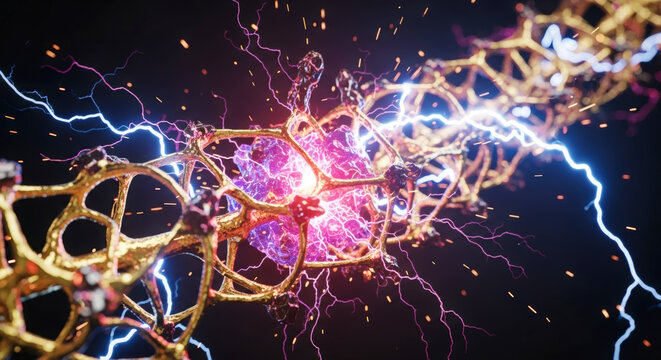 A glowing pink and purple object is surrounded by a network of wires