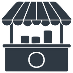 Market stall silhouette, vendor booth with canopy, shop counter, retail stand for selling products, food kiosk in simple minimalist style