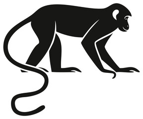 Monkey Silhouette Vector Art Illustration of an Animal Primate with Long Tail Crawling or Crouching