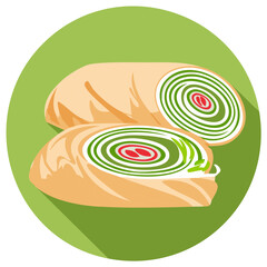 Two graphic food rolls cut open showing green white and red spiral filling flat design illustration