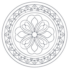 Circular floral mandala design in a simple outline style, isolated element
