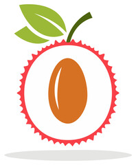 Stylized Lychee Fruit Slice with Green Leaves and Seed Illustration