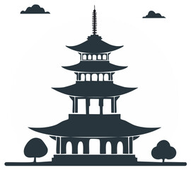 Silhouetted Pagoda Against Cloudscape, Representing Asian Culture, Travel, and Architecture