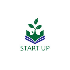 Startup growth concept logo featuring a vibrant green plant sprouting from an open book, symbolizing education, knowledge, and new beginnings, isolated on