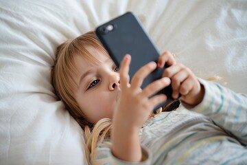 Toddler Girl Engaged with Smartphone in Bed