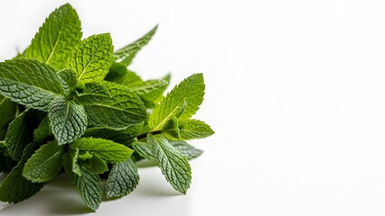 Fresh Mint Leaves on White Background with Copy Space perfect for recipe blog, food packaging, website banner, healthy living promotion, menu design, kitchen