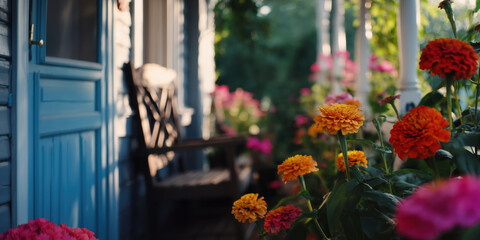 Close-up, bright orange zinnia flowers are in the foreground. A wooden porch with blue doors, immersed in greenery, is visible in the background. Rustic summer life. Cozy countryside landscape.