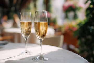 Close-up, two flutes of sparkling beverage rest on a covered table in a garden setting. The drink in the glasses. A blurred floral background, festive reception. Celebration event. Wedding reception.