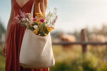 Torso of a young woman in a terracotta dress holding an eco bag with wildflowers. Sunset illuminates a grassy field and a wooden fence in the background. Eco-lifestyle. Natural beauty.