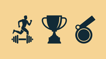 A graphic showing a runner over weights a trophy and a medal on a tan background in a simple style