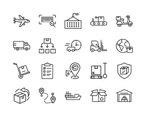 Logistics and delivery service line icons set. a comprehensive collection of symbols representing shipping, tracking, transportation, and supply chain management. Vector, illustration