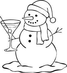 Snowman with Martini Line Art Christmas Illustration