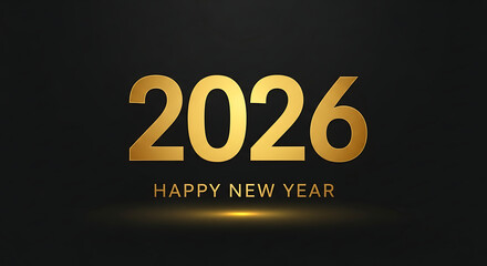 Golden number 2026 and 'Happy New Year' text design on a dark background, symbolizing future beginnings and festive greetings for the upcoming year's celebration