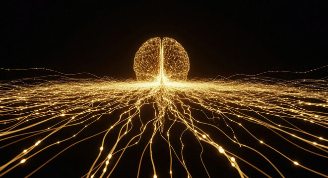 A computer generated image of a brain with a golden glow