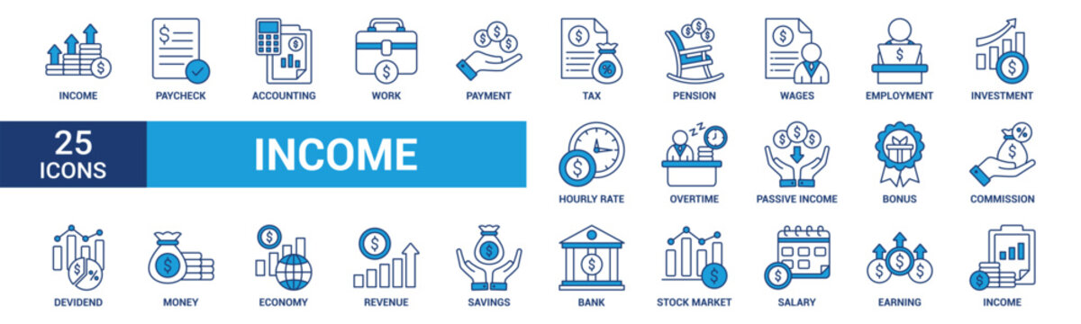 Income icon set. Containing paycheck, accounting, work, payment, tax, pension, wages, employment, investment, overtime and more. Blue vector icons collection.