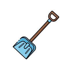A simple blue snow shovel with a wooden handle for winter cleanup.