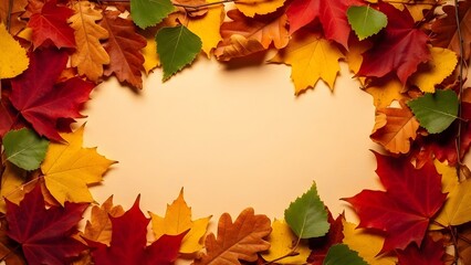Autumn Leaves Frame with Copy Space on Beige Background perfect for website banner, social media post, marketing material, invitation card, greeting card,