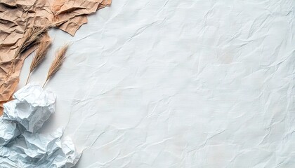 A minimalist composition featuring crumpled brown and white paper arranged with dried grass stalks on a textured, off-white surface, creating a natural, organic
