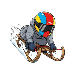 A snow sledder in winter gear speeding downhill with excitement.