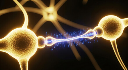 Two neurons are connected by a blue line