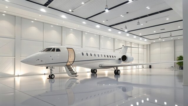 White luxury commercial jet displayed inside a clean bright hangar