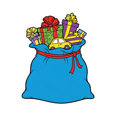 A blue gift sack overflowing with presents and colorful ribbons.