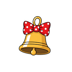 A shiny golden bell with a red polka dot bow on top.