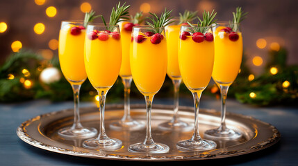 Festive orange cocktails in champagne flutes garnished with cranberries and rosemary on silver tray with warm holiday lights