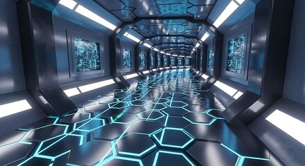 Futuristic Sci-Fi Corridor with Glowing Blue Hexagon Floor and Digital Tech Panels