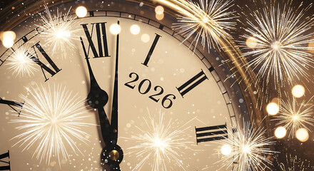 Clock Counting Down to Midnight 2026 with Dazzling Fireworks Display, Symbolizing Hopeful Beginnings and Vibrant Celebrations for a Prosperous New Year Ahead
